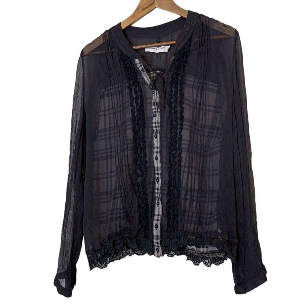 Artisan De Luxe Sheer Black Lace Flannel Blouse Womens Sz L Witchy Whimsygoth